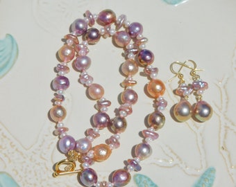 Kasumi-like Pearl Necklace and Earrings SET | Keshi Pearl | Metallic | 5-12mm | Jewelry SET | 20 Inches | Multi color Pearls | Gold Filled