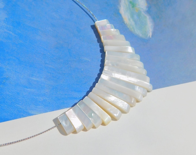 Mother-of-pearl Sterling Silver Wire Necklace | Shell Necklace | Graduated White Mother of Pearl Bar Necklace | Adjustable 16.5 - 18 Inches