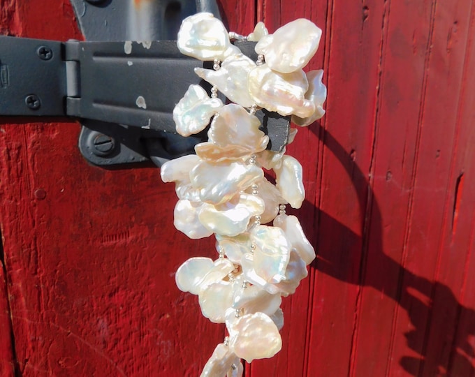Super Large Petal Pearl Necklace | Adjustable 23'' to 26.5'' | Baroque Pearl | Chinese Freshwater Pearl | Bold Statement Necklace | White