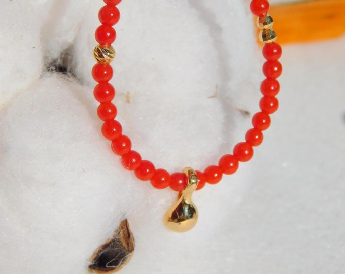 Red Italian Coral Necklace | 17.5 Inches | 3mm | Round | Solid 18k Gold Water Drop Charm | Bright Red | Red Coral Necklace | Gemstone