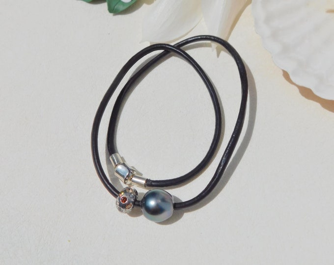 Leather and Tahitian Pearl Necklace | Black Pearl | Oxidized Silver Bead | 13.5mm  | Pearl and Leather| Black Pearl | Unisex | 17 Inches