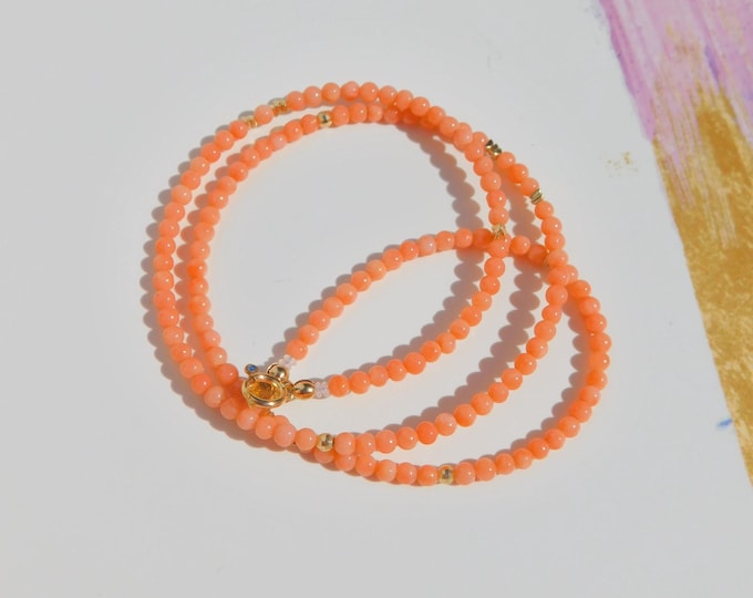 3mm Orange Pink Coral Necklace | Salmon | Taiwan Coral | Solid 18kt Gold | Layering | Stacking | 17 Inches | High Graded | Thin Necklace
