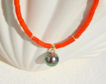 Red Tube Coral Necklace with Tahitian Pearl Pendant |  Italian Coral | 16.75 Inches | 3mm | Solid 18k Gold | Bright Red | Gemstone and Pearl