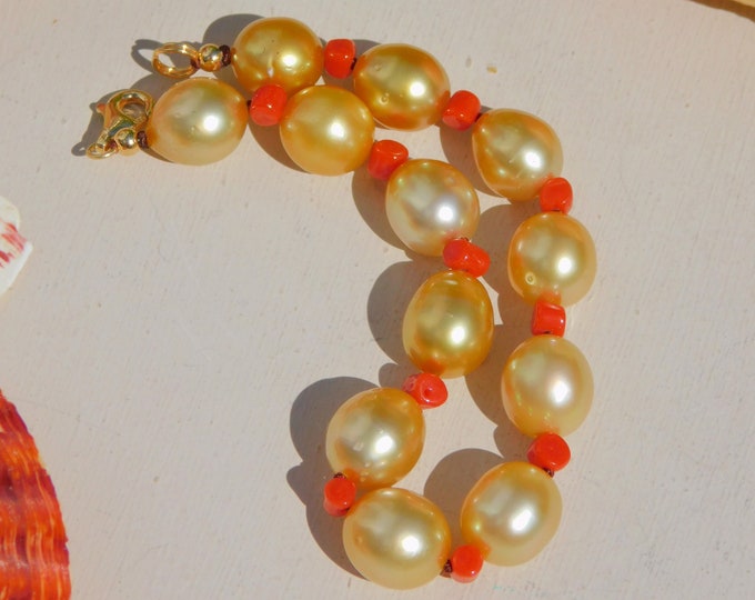 Golden South Sea Pearl with Coral Bracelet | Solid 18K Gold Lobster Clasp | 9-10.2mm | 6.5'' Wrist Size | AA+ | Saltwater Pearl Bracelet