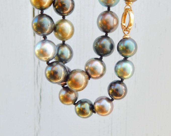 Multi-color Tahitian Pearl Necklace | Round | 11.2mm to 13mm | 19 inches | Black Pearl Necklace | Solid 14kt  Gold Ring Clasp | AA+ | Brown