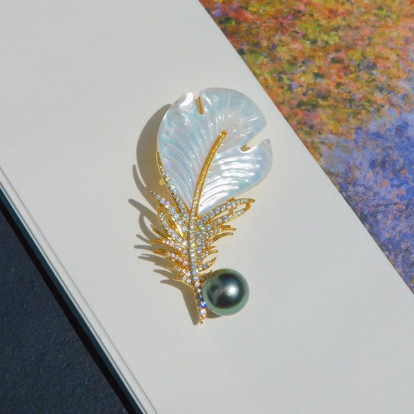 Tahitian Pearl Feather Brooch | Mother of Pearl | Apple Green | 10.2mm | AAA | Brooch Pin | Black Pearl | South Sea Pearl Brooch | CZ