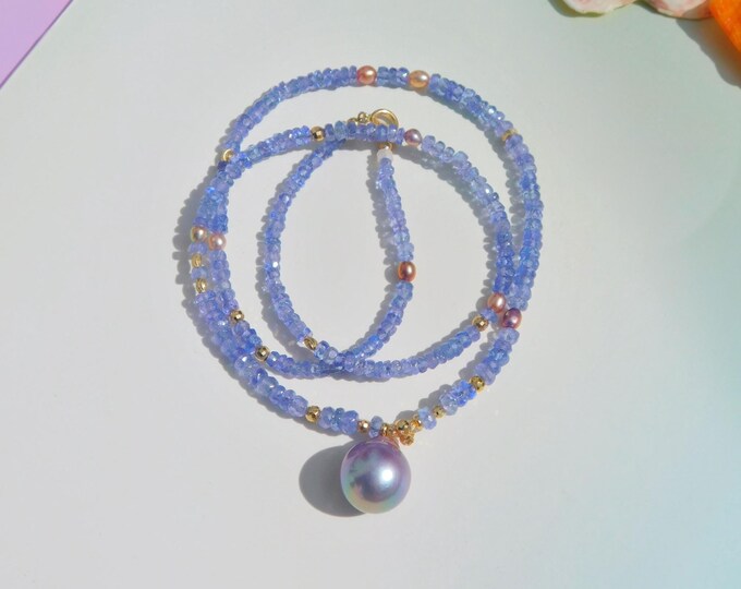 Tanzanite Freshwater Pearl Pendant Necklace | AAA+ Quality | Gemstone Necklace | Faceted Rondelle | Solid 18kt Gold | Purple | Blue | 19.5''