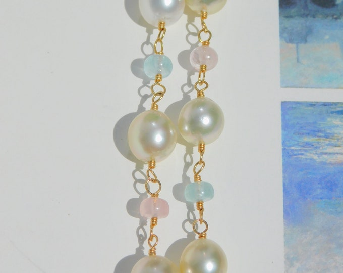 Aquamarine Morganite and Cream South Sea Pearl Necklace | Solid 18kt Gold Wire Wrap | Adjustable 17.5'' to 18.5'' | Pearl and Gemstones
