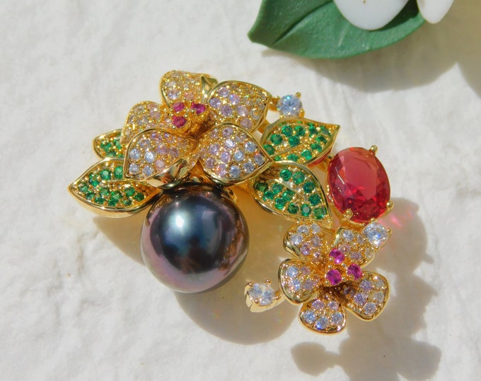 Rhinestone Flower Tahitian Pearl Brooch/Pendant | 10.7mm | Hot Pink | Deep Tone Eggplant |  Pearl Pin/ Brooch | Saltwater Pearl | AAA