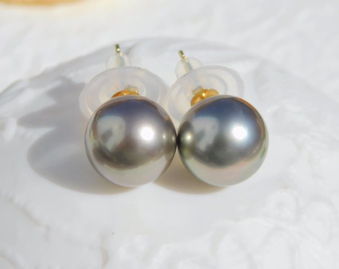 11.5mm Tahitian Pearl Studs | Light Brown Green | Army Green | AAA | Round | Solid 18kt Yellow Gold Studs | South Sea Pearl