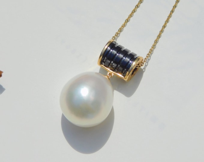 15mm White South Sea Pearl Enamel Pendant | Solid 18kt Yellow Gold Bail | Au750 | AAA | Single Pearl | Australian Saltwater Pearl | No Chain