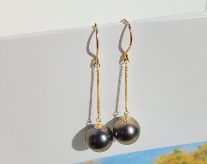 Long Tahitian Pearl Earrings | Solid 18kt Yellow Gold | 10mm | AAA | Deep Peacock | South Sea Pearl Long Drop Earrings | Threaders
