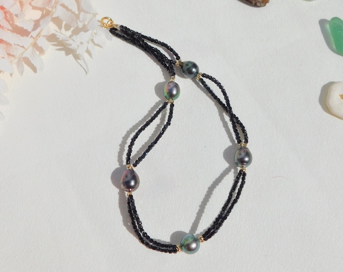16 inches Black Spinel with Tahitian Pearl Necklace | Cube Faceted | Solid 18kt Yellow Gold | Tahitian Pearl Gem Stone Choker | Black