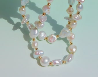 17 Inches Ultimate Freshwater Keshi Pearl Necklace |  Beyond AAA | 7 * 9mm | Solid 18kt Yellow Gold | Free Formed Pearls | White with Pink