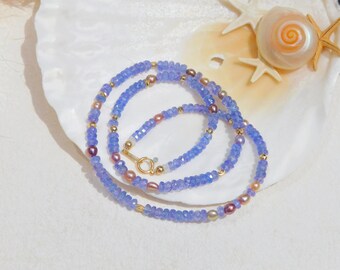 Tanzanite Freshwater Pearl Choker | AAA+ Quality | Gemstone Necklace | Faceted Rondelle | Solid 18kt Gold | Purple | Blue | 16.5 Inches