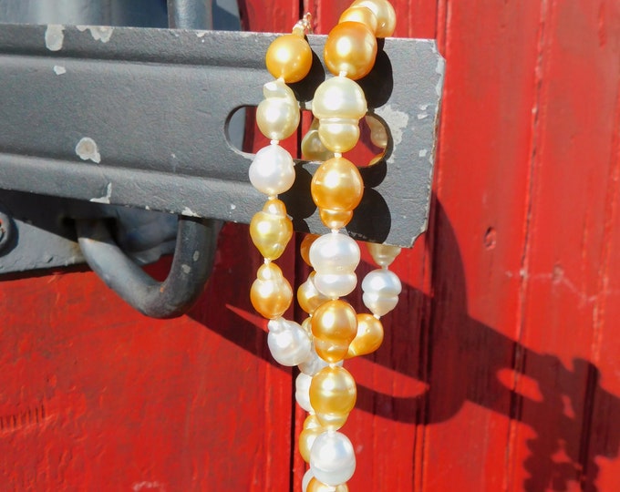 Golden and White South Sea Pearl Necklace |  17.5 Inches | 9.6-11mm | AAA |  Au585 Solid 14kt Gold Clasp | Saltwater Pearl Necklace
