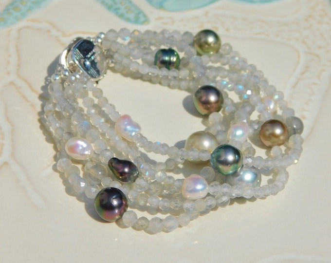 Gray Blue Moonstone and Tahitian Pearl Bracelet | Multi-strand Bracelet | Ultimate Luster |  AAA+ | Keshi Pearl | 6-6.5 Inches Wrist Size