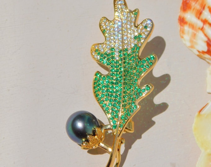 Rhinestone Leaf Tahitian Pearl Brooch | 10.7mm | Rare Intense Teal Blue | Pearl Brooch | Saltwater Pearl Pin | Leaf Brooch