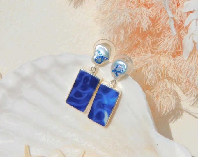 Blue Ribbon Freshwater Pearl Earrings | Qing Dynasty Broken China with Maki-e Pearls | 18kt White Gold and Silver | Vintage Pottery Shard
