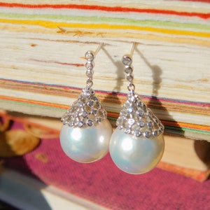 12.5mm Freshwater Pearl Earrings | Sterling Silver | AAA | White | Round | CZ | Silvery White | Big White Earrings | Chinese Freshwater