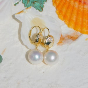Vermeil Lever Back White Pearl Earrings | Freshwater Pearl Earrings | AAA | 11.5mm | White Pearl Earrings | Edison Pearl
