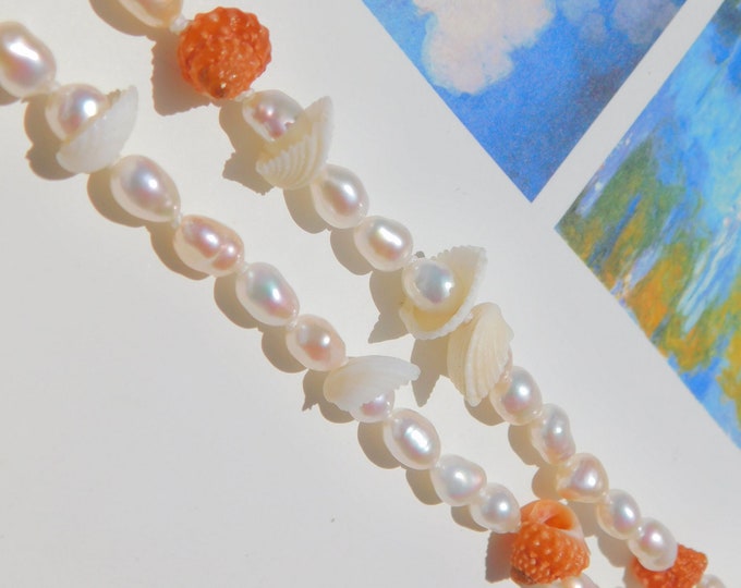 Freshwater Keshi Pearl and Seashells Necklace | AAA+ |  White | Pink | 5mm | 9kt Gold Clasp | 16.5 Inches | Pearls and Shells