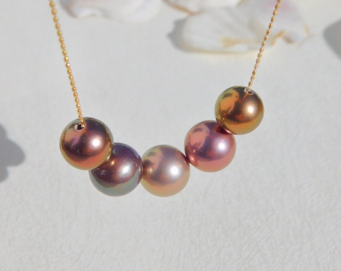 Metallic Multi-color Floating Pearl Necklace | Five Pearls | Round | 9.5-10.7mm | AAA+ | Solid 18kt Beaded Chain | Adjustable Chain
