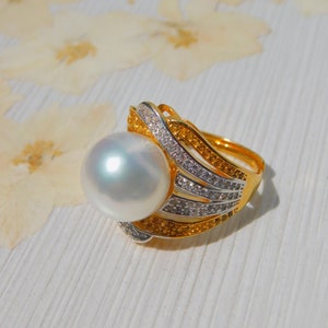 12.6mm White South Sea Pearl Two-tone Silver Ring | AAA | Round | Silvery White | Adjustable  | Australian Pearl | CZ