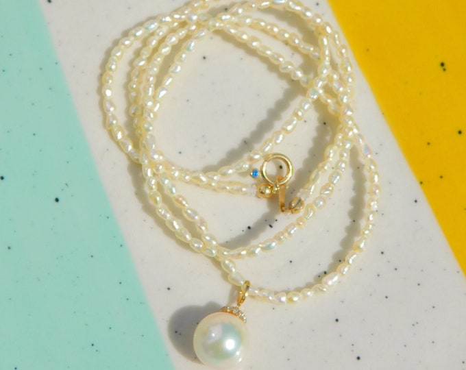 Japanese Keshi Pearl Necklace with Cream Akoya Pearl Pendant | Solid 18k/9k Gold | AAA | 9.6mm | Free Form Saltwater Pearl
