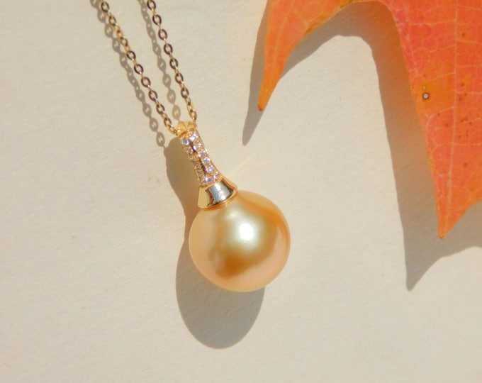 Golden South Sea Pearl Pendant (No Chain) | 11.5mm | Solid 18kt Yellow Gold Bail | Au750 | AAA | Single Pearl | Deep Golden Pearl Pendant