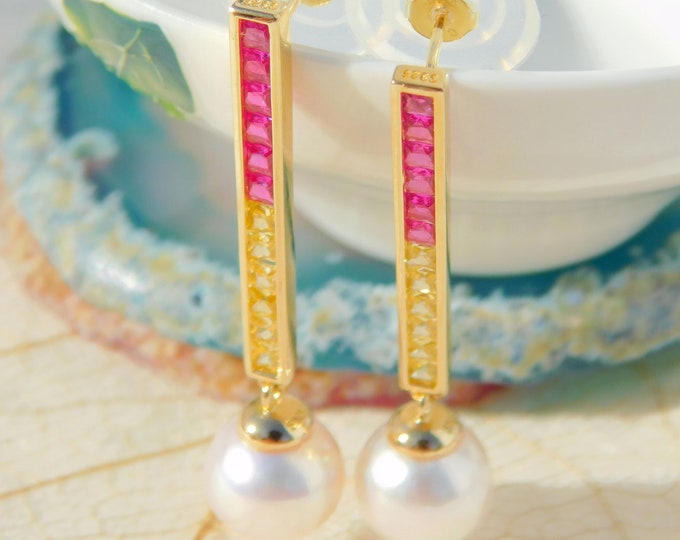 Vermeil Colorful CZ with Japanese Akoya Pearl Earrings | AAA | 9.2mm | Drop Earrings | Japanese Saltwater Pearls | Hot Pink | Yellow