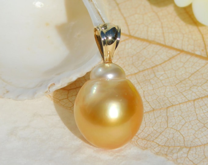 14.8mm Golden South Sea Pearl Pendant | Solid 14kt Yellow Gold | Medium Gold Tone | Single Pearl Pendant | Gold South Sea Pendant | No Chain