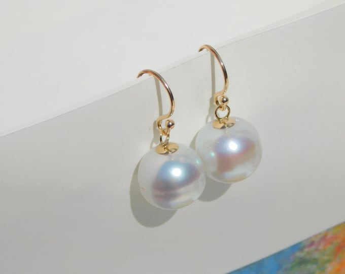 11.6mm White South Sea Pearl Earrings | Solid 14kt Yellow Gold | Au585 | Australian White Pearls | White Saltwater Pearl Earrings | Baroque