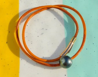 Leather and Tahitian Pearl Necklace | 14mm | Black Pearl | Amber Leather Cord | Pearl and Leather Choker | Unisex | AAA | 17.5 Inches