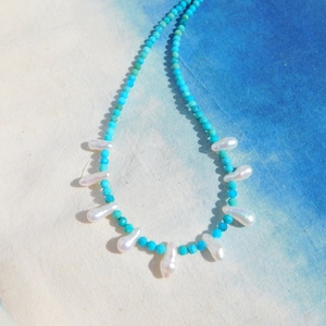 Arizona Turquoise with Freshwater Keshi Pearl Necklace | Bright Teal | 3.5mm | Solid 18kt Yellow Gold | 17.75 Inches | Gemstone with Pearls