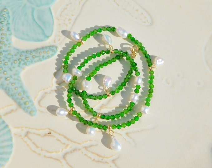 Green Chrome Diopside with Freshwater Keshi Pearl Necklace | 17 Inches | Solid 18kt Yellow Gold | 3-3.5mm | Gemstone and Pearls
