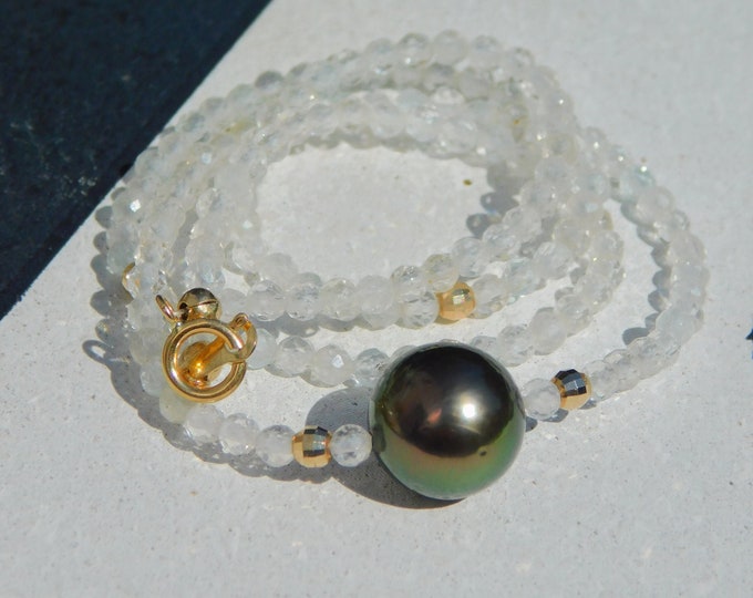 White Aquamarine with Tahitian Pearl Necklace | 11mm | Solid 18K Yellow Gold | Deep Tone Green | AAA | Gemstone and Pearl | 17 Inches