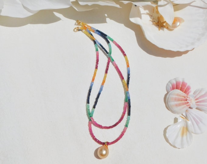 Gemstone & Golden South Sea Pearl Pendant Necklace | Blue Sapphire | Green Emerald | Yellow Sapphire | Ruby | Two Strand | Solid 18kt Gold