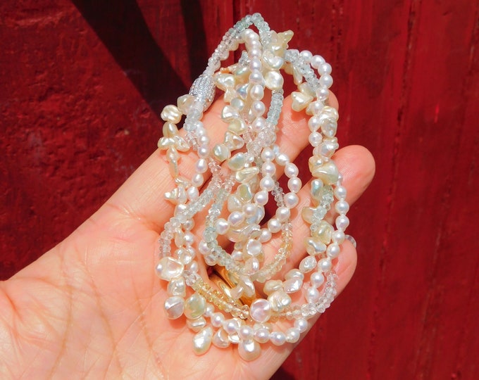 Three Strands Twisted Necklace | Aquamarine and Morganite with Petal Pearl Necklace | Pastel Color | Gemstone and Pearls | AAA | 16 Inches