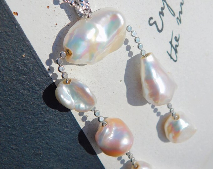 Six Baroque Pearl Sterling Silver Necklace | AAA+ | Sterling Silver Faceted Beaded Chain | Adjustable | White | Removable Pendant