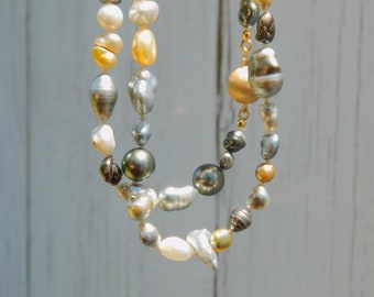 South Sea Keshi Pearl Necklace | AAA | 4-9mm | Solid 14kt Gold | Free Formed Pearls | 16 Inches | Layering | Stacking | Black Pearls | Gold