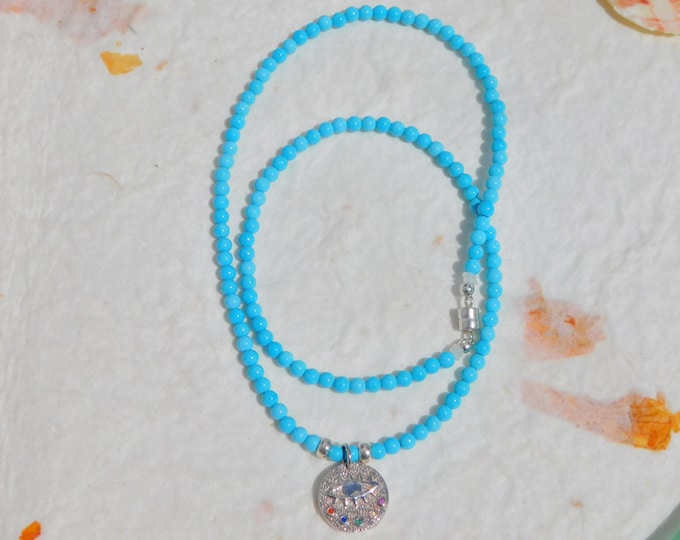 Blue Turquoise  Evil Eye Pendant Necklace | Sterling Silver | Zodiac Sign Leo | Magnetic Clasp | 17 Inches | Layering | Stacking Necklace