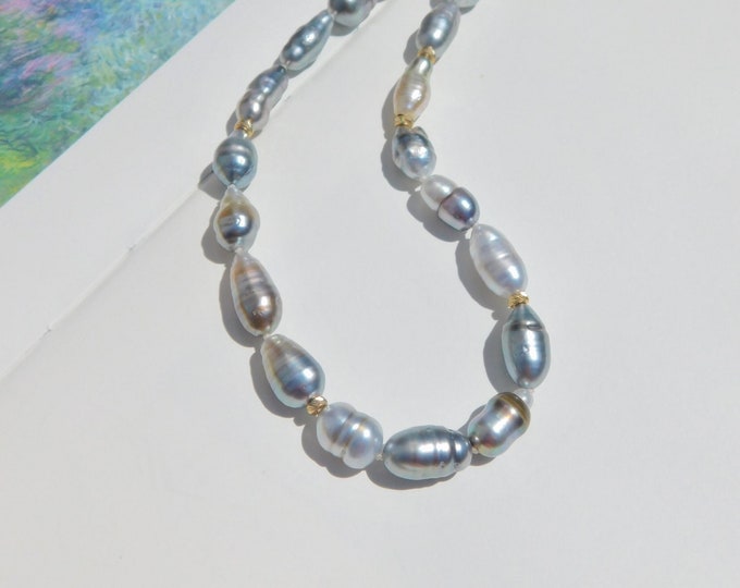 Tahitian Keshi Pearl Necklace | AAA | 6-8mm | Solid 14kt Gold | Free Formed Pearls | 16.5 Inches | Black Pearls | Layering | Stacking