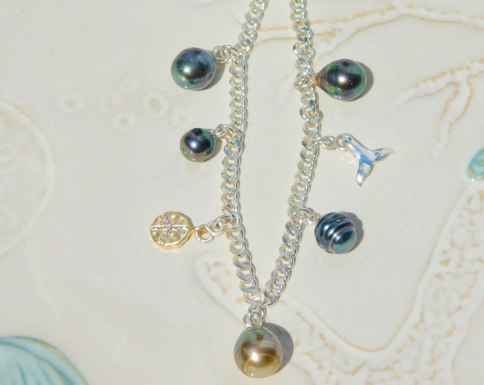Charm Silver Necklace |  Tahitan Pearls | Peace | Whale Tale | 7.7-10.4mm | AAA | 4.2mm Silver Cuban Chain | Adjustable | Pistachio