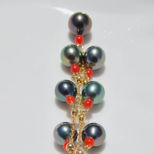 Peacock Green Tahitian Pearl and Coral Necklace | Waterfall Necklace | Solid 18kt Yellow Gold Chain | 8.2-10mm | AAA | Green | Red | 20&#39;&#39;