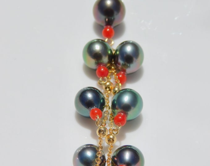 Peacock Green Tahitian Pearl and Coral Necklace | Waterfall Necklace | Solid 18kt Yellow Gold Chain | 8.2-10mm | AAA | Green | Red | 20''