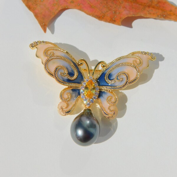 Broche papillon perle de Tahiti | Broche papillon strass | | Bustier Pin Broche en émail | | de larme 10,5 mm | AAA