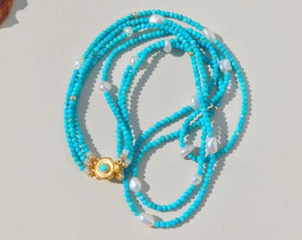 Triple Strand Arizona Turquoise with Keshi Pearl Necklace | Blue Turquoise | 3mm | Multi Strand | Gemstone and Pearls | Free-formed Pearls