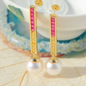 Vermeil Colorful CZ with Japanese Akoya Pearl Earrings AAA 9.2mm Drop Earrings Japanese Saltwater Pearls Hot Pink Yellow image 1