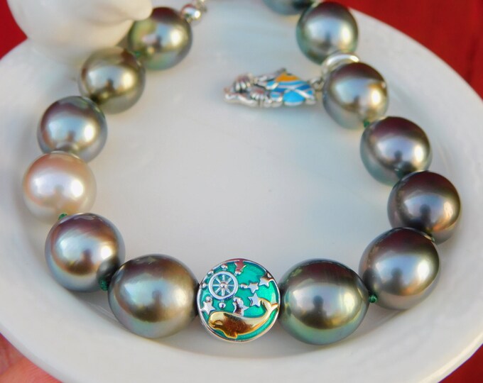 AAA Medium Tone Tahitian Pearl Bracelet  | Whale and Fish  | Sterling Silver Spacers | Saltwater Pearl Bracelet | AAA | 10.5-11.6mm